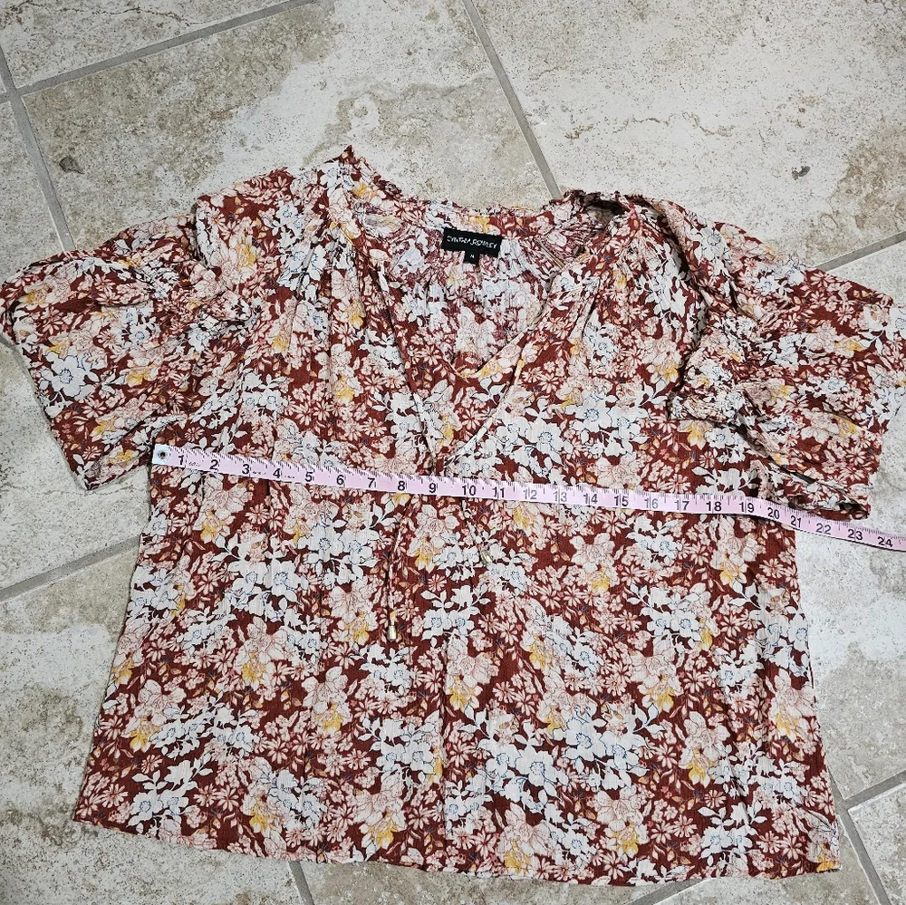 Cynthia Rowley Women’s M Floral Burgundy Crinkle Peasant Blouse Boho Cottagecore - Picture 5 of 6